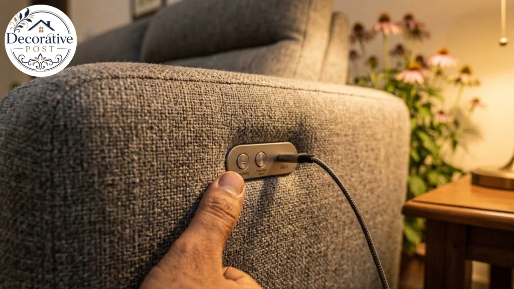 Power recline control panel and USB-C charging port set into a reclining sofa arm