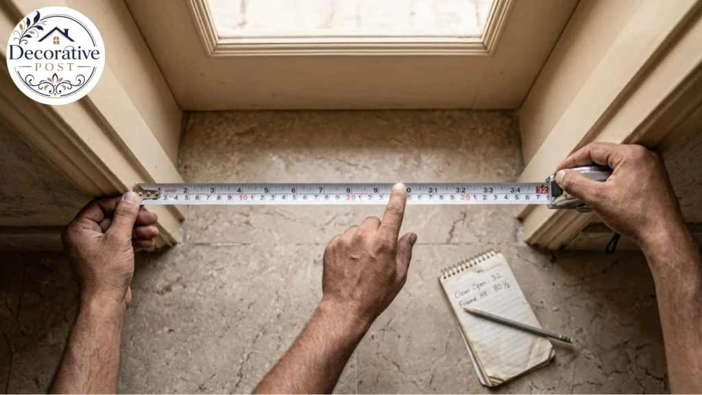 Measuring the clear opening of a doorway between the stops before a sofa delivery