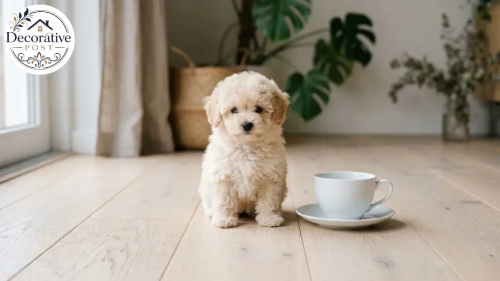 Tiny toy poodle puppy sitting beside a teacup for scale on a wood floor