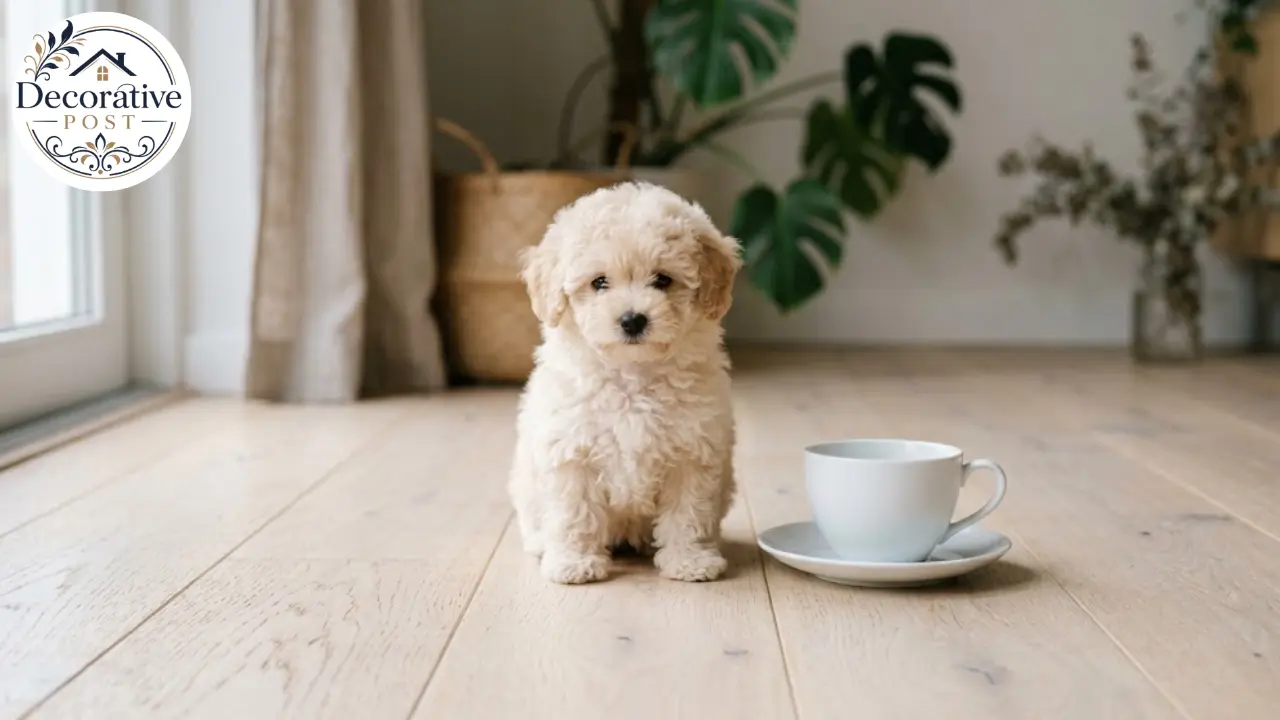 Tiny toy poodle puppy sitting beside a teacup for scale on a wood floor