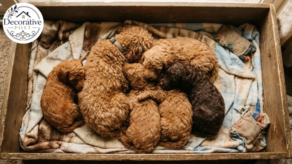 Litter of toy poodle puppies with one noticeably smaller than its siblings