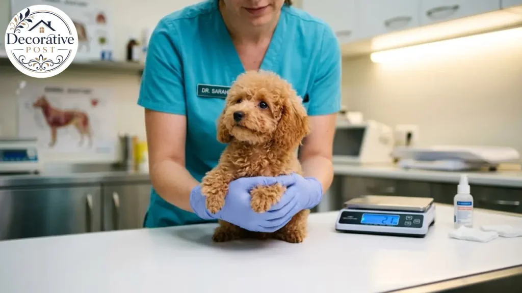 Veterinarian weighing a very small toy poodle on a clinic scale