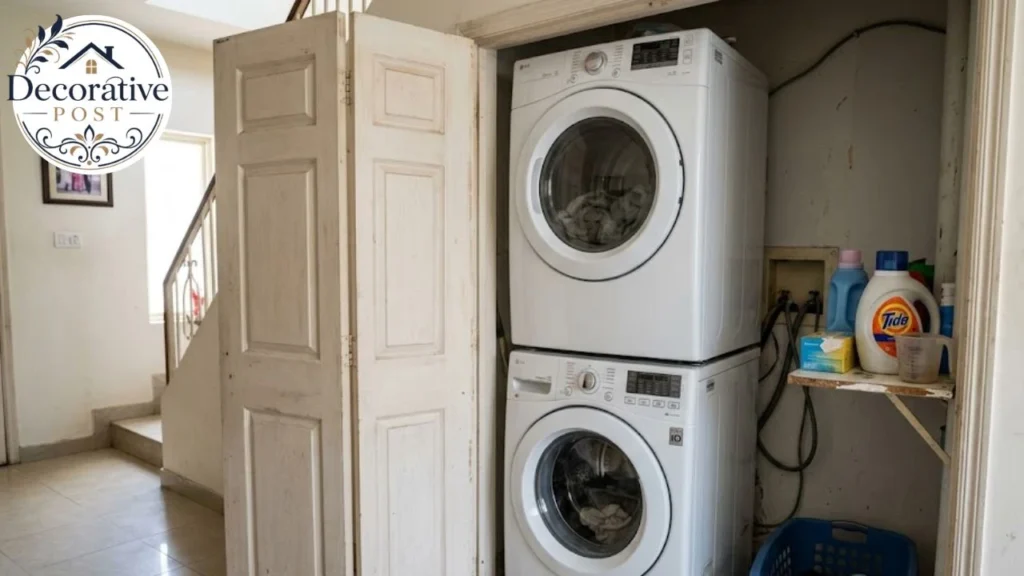 Stacked front-load washer and dryer installed in a narrow laundry closet