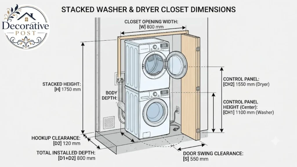 Dimension diagram of a stacked washer dryer showing height, depth, width and door clearance