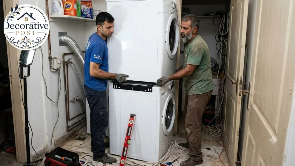 Two people lifting a dryer onto a washer with stacking kit brackets fitted