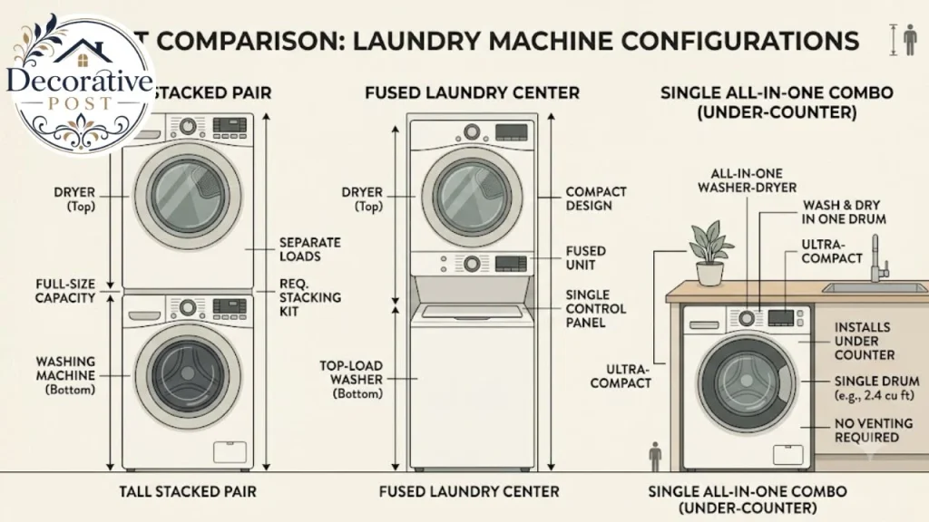 Comparison of a stacked pair, a laundry center and an all-in-one washer dryer combo