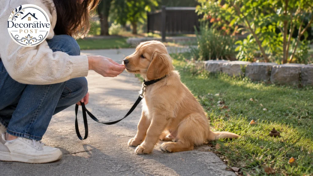 Rewarding a puppy with a treat immediately after going outside