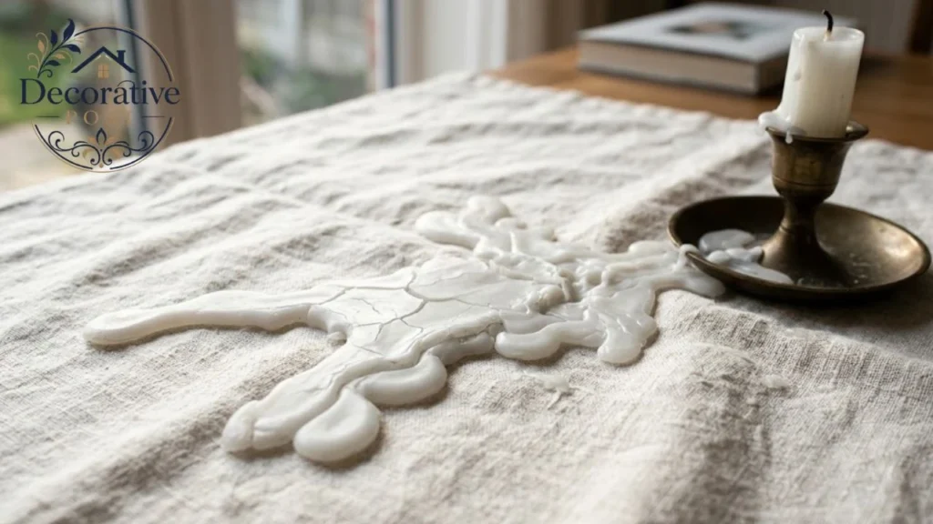 Hardened candle wax spilled on a cream linen tablecloth beside a candle holder