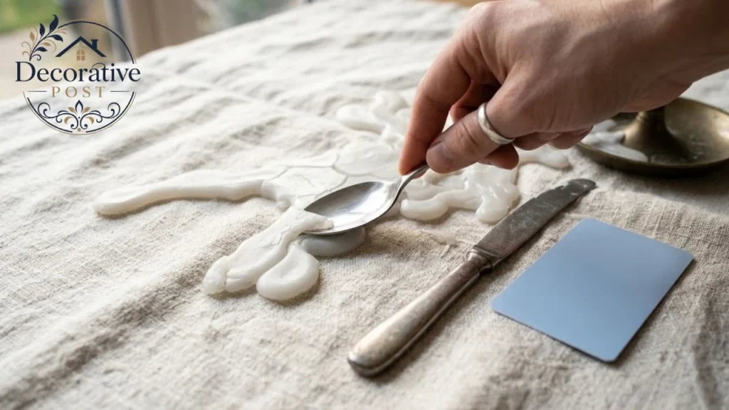 Scraping hardened candle wax from fabric with a spoon, knife and plastic card