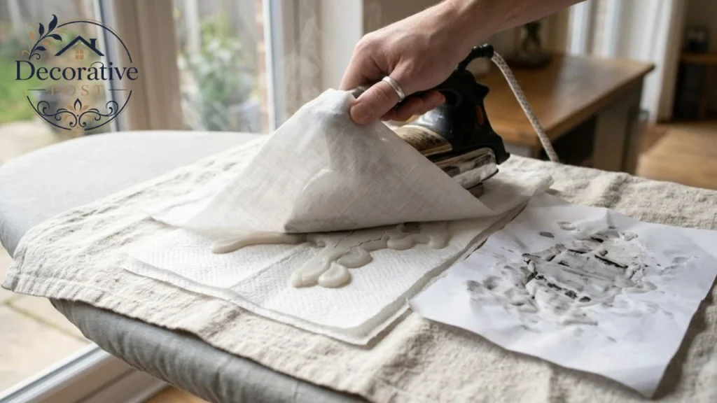Ironing through white paper towel to absorb melted candle wax from fabric