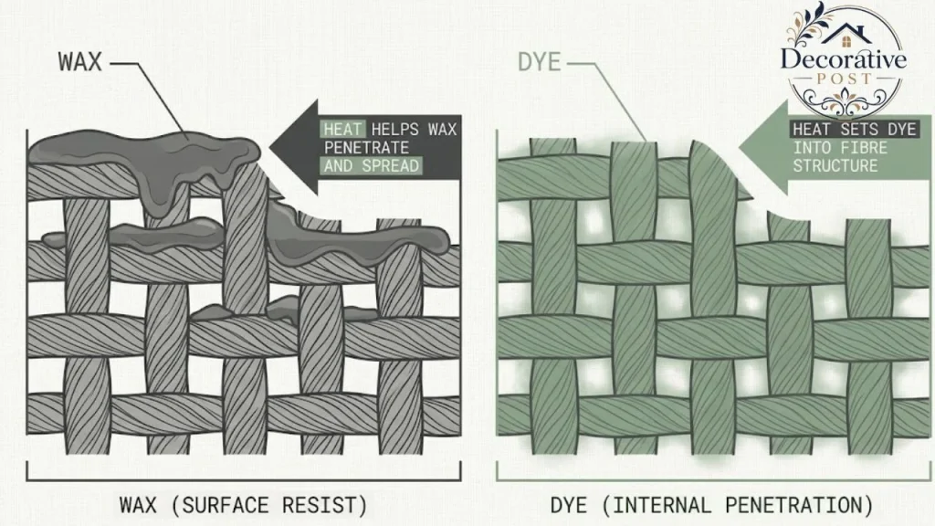 Diagram showing candle wax sitting on fibres versus dye absorbed into them