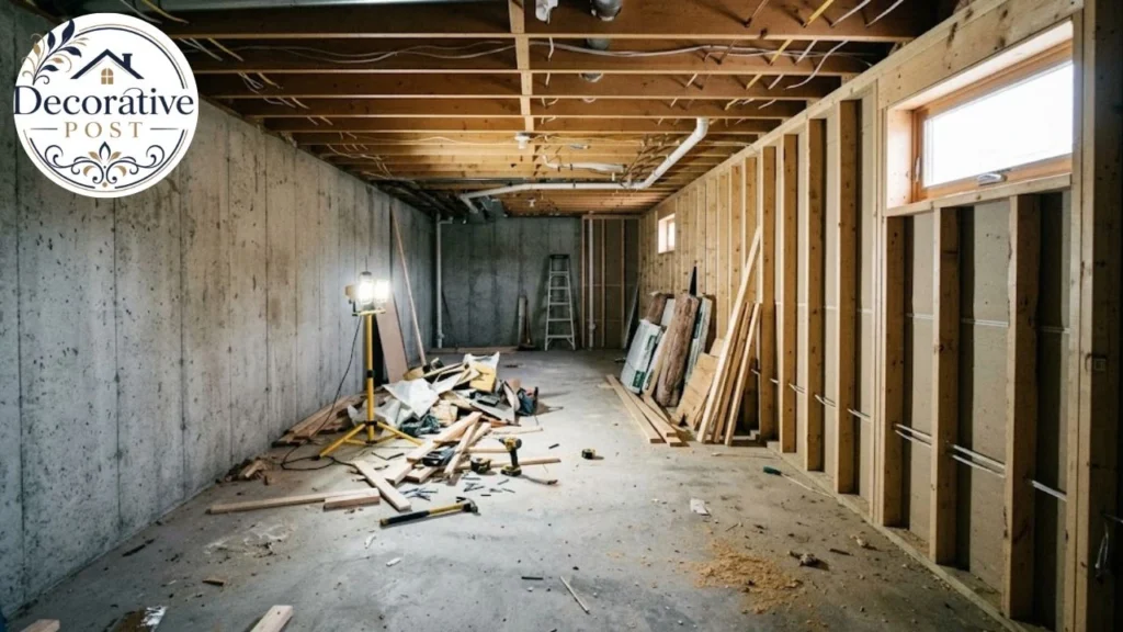Partly finished basement showing bare masonry walls and new stud framing