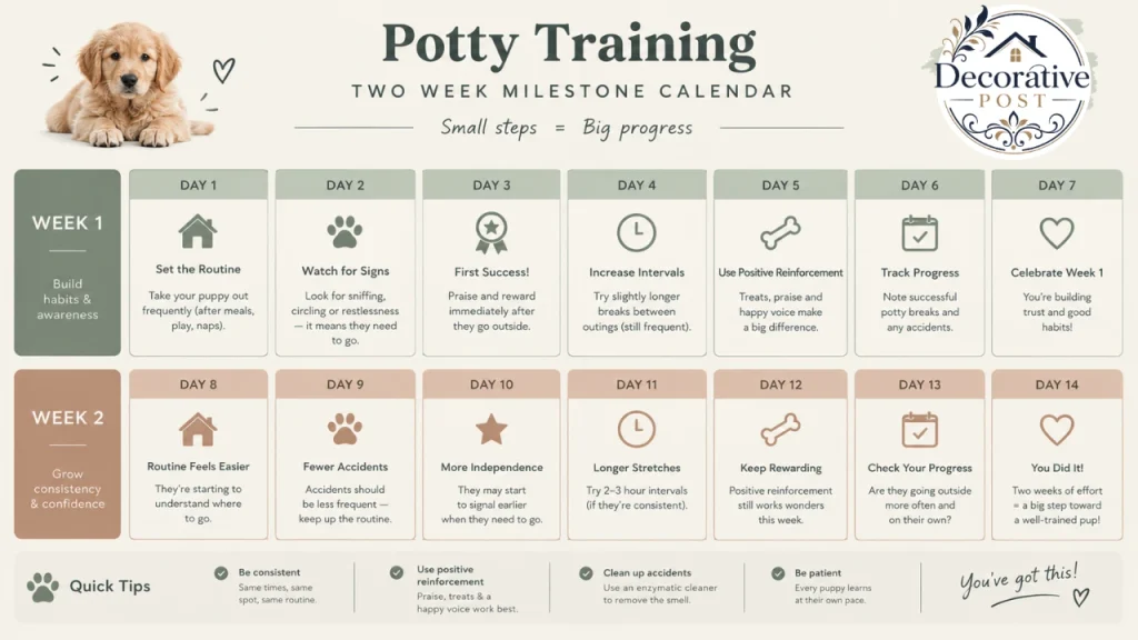 Two-week puppy potty training schedule calendar