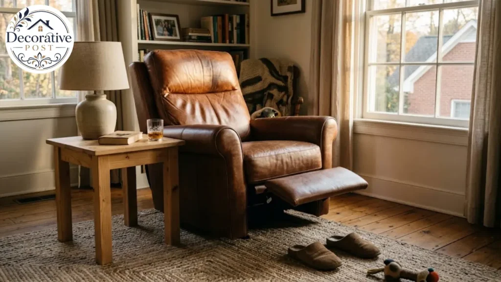 Brown leather BarcaLounger recliner in a warmly lit living room with a side table and floor lamp