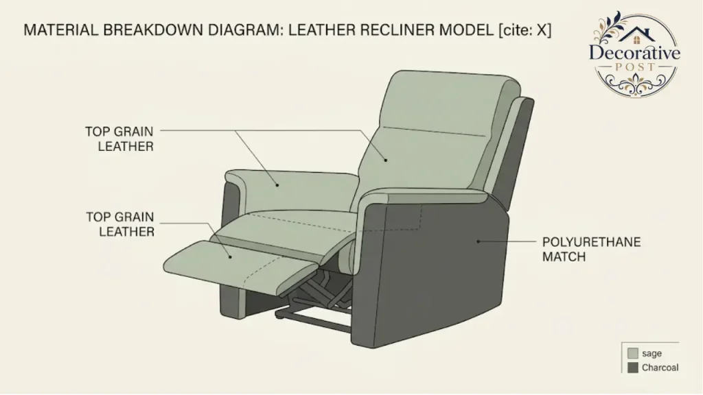 Diagram of a recliner showing leather seating surfaces and polyurethane-matched sides and back