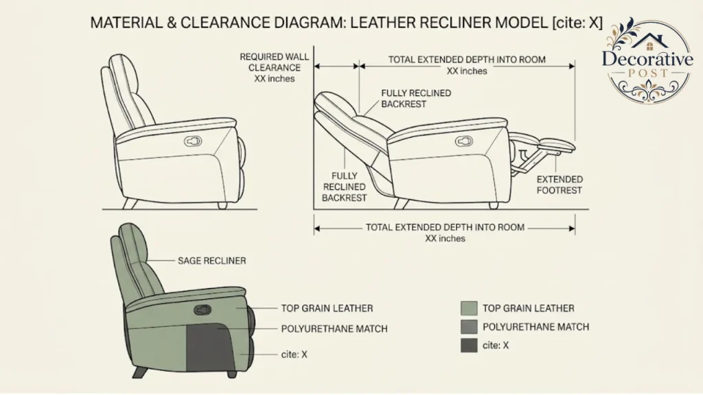 Side-view diagram of a recliner showing wall clearance and extended depth measurements
