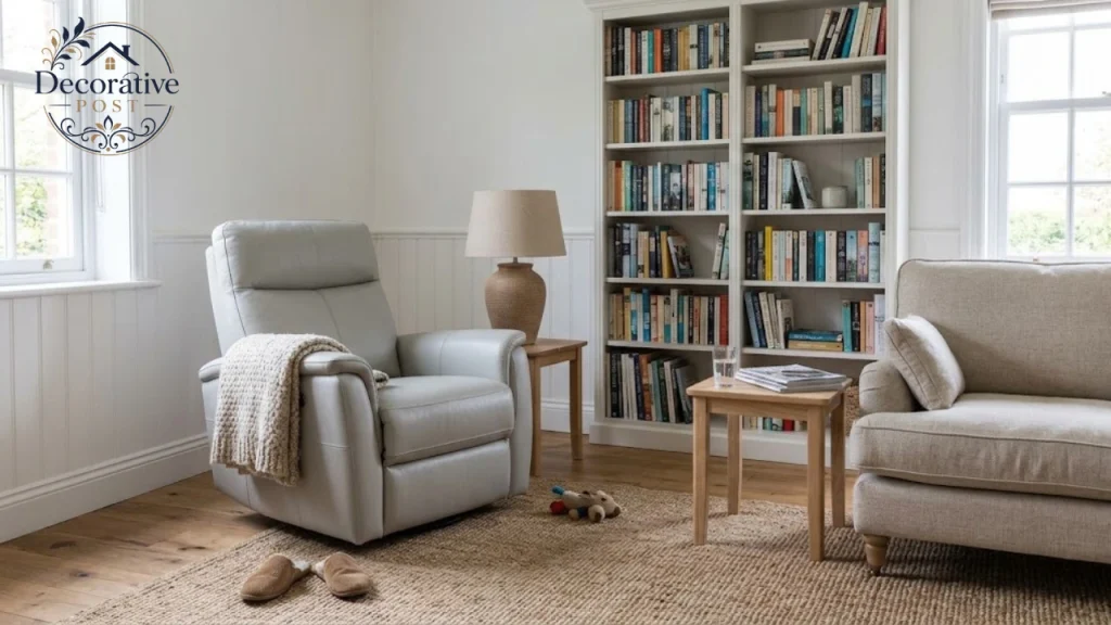Living room with a recliner angled in a corner beside a sofa, rug and floor lamp