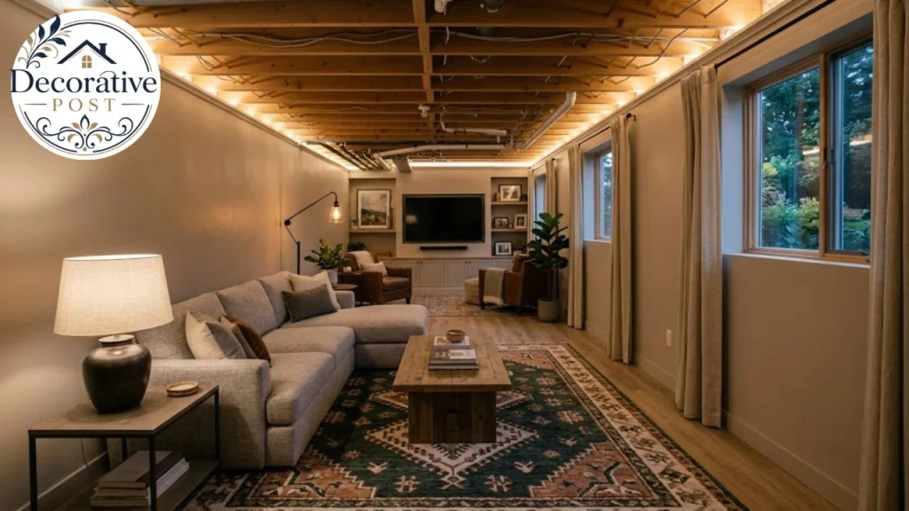 Finished basement family room with layered lighting, light walls and a large rug