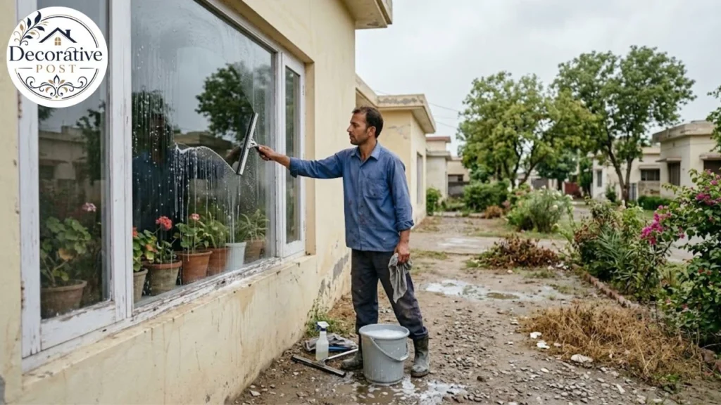 Professional window cleaner using a squeegee on a residential exterior window