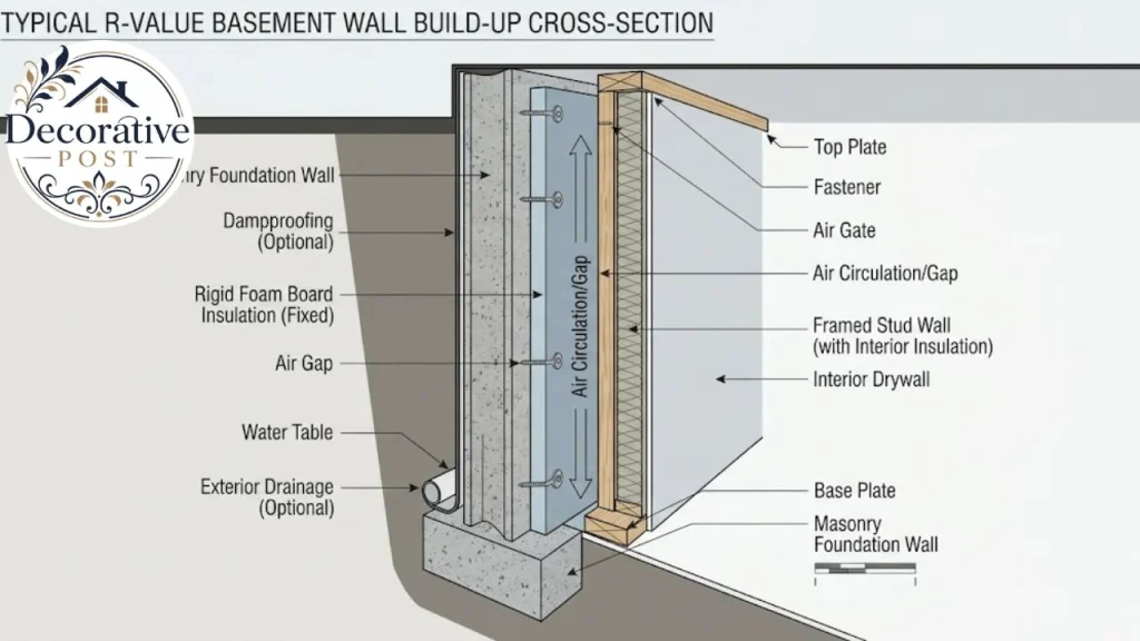 Cross-section of basement wall insulation using rigid foam board behind stud framing