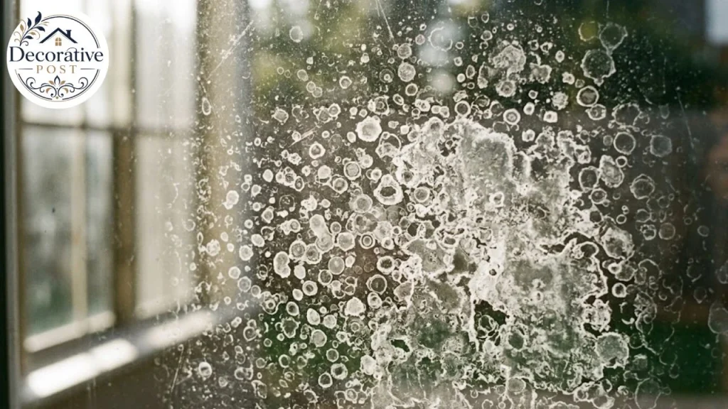 Hard water mineral staining visible on a window pane