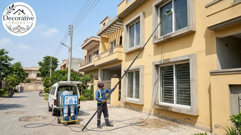 Window cleaner using a water-fed pole to reach an upper-storey window from the ground