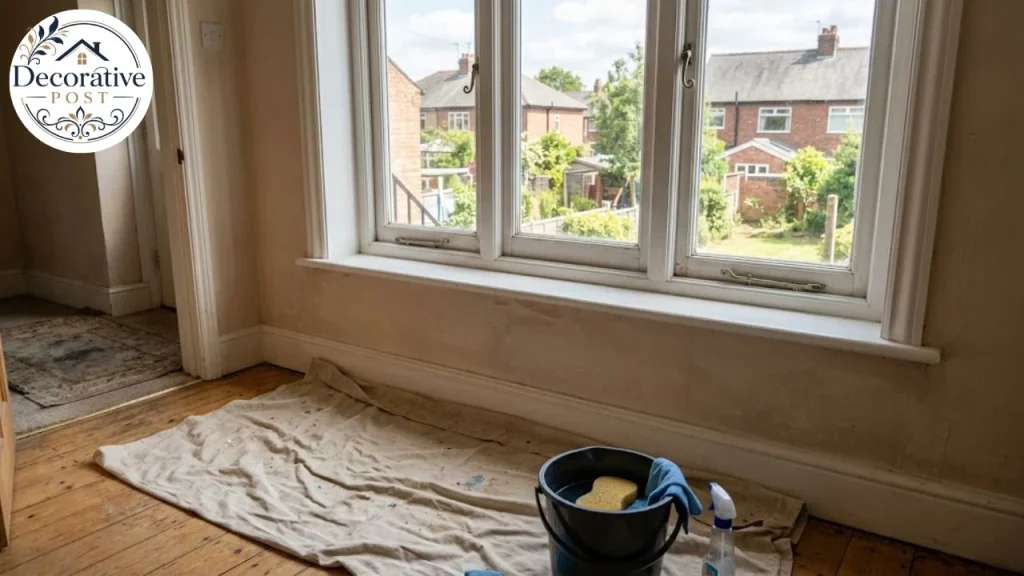 Cleared interior windowsill with a drop cloth laid down ready for window cleaning