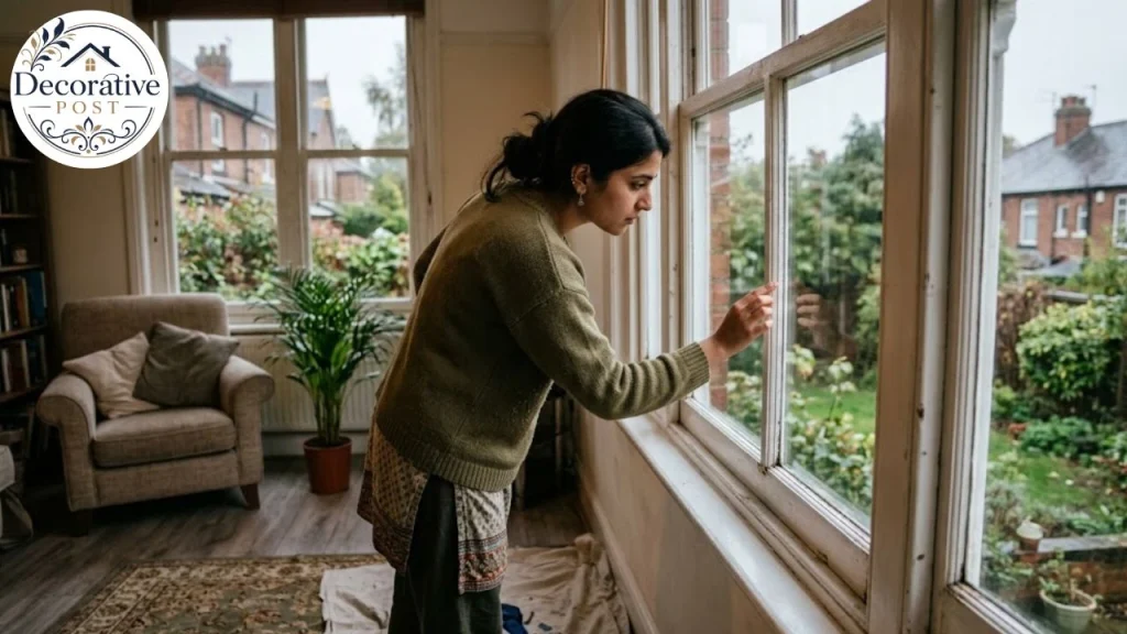 Inspecting a cleaned window from an angle to check for streaks