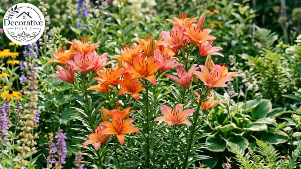 Upward-facing orange and pink Asiatic lily flowers blooming in a sunny border