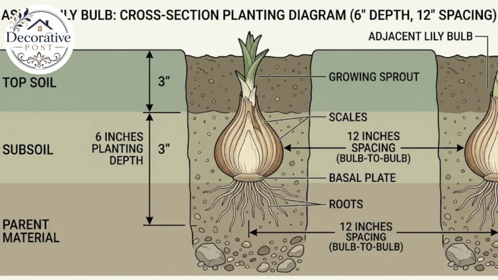 Diagram showing Asiatic lily bulb planted six inches deep with twelve-inch spacing
