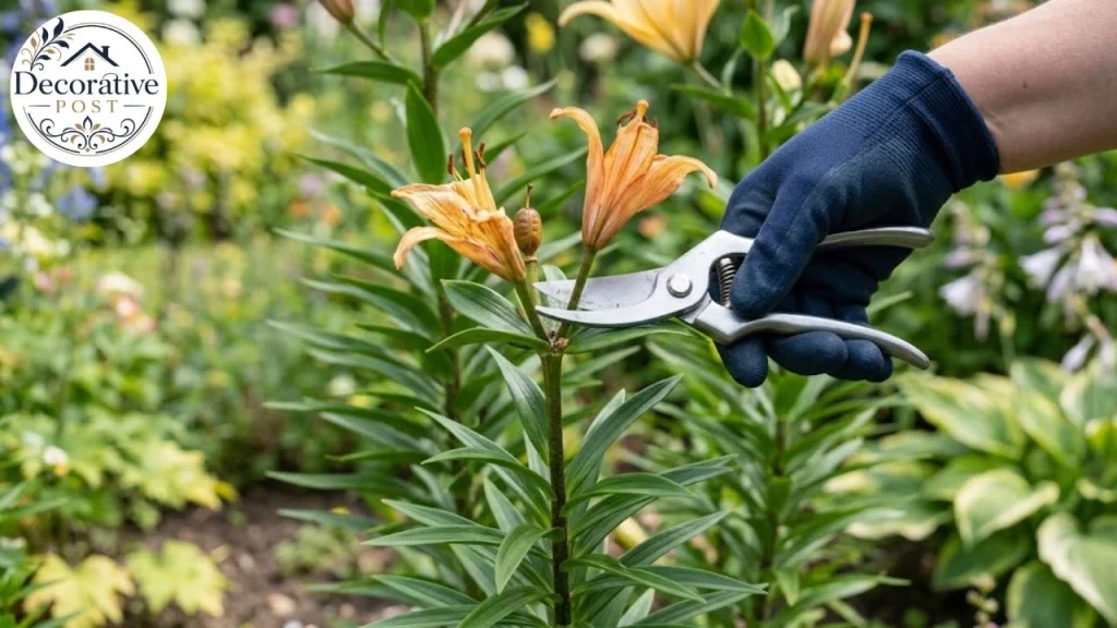 Deadheading a spent Asiatic lily flower above the top leaves while leaving foliage intact
