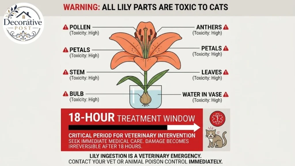 Warning infographic showing all parts of lilies are toxic to cats and the eighteen-hour treatment window