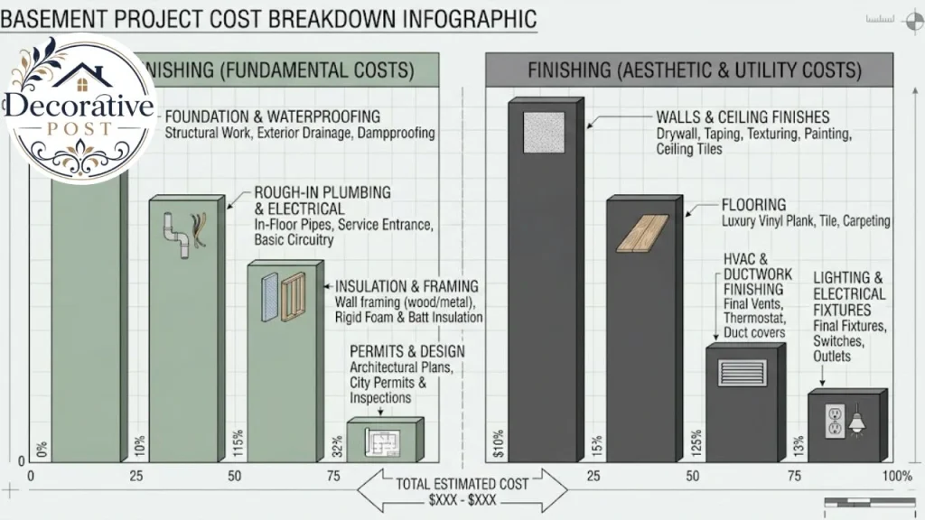 Cost breakdown comparing basement preparation work against finishing work