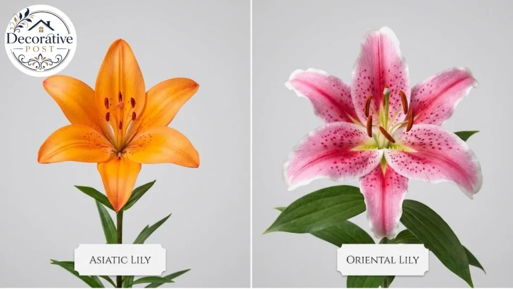 Comparison of an upward-facing Asiatic lily bloom and a larger Oriental lily bloom