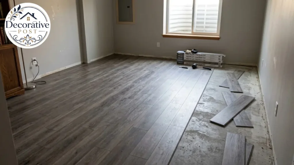 Luxury vinyl plank flooring partly installed over a bare basement concrete slab