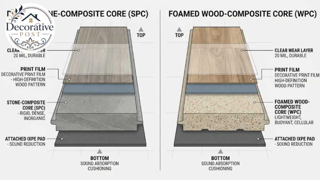 Cutaway comparison of SPC stone core and WPC foam core vinyl plank construction