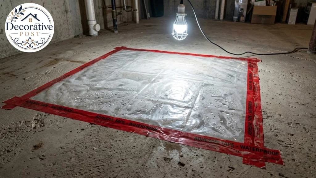 Plastic sheet moisture test taped to a basement slab showing condensation underneath