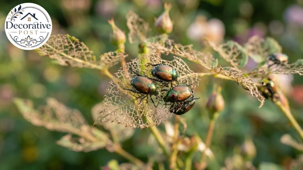 Japanese beetles feeding on skeletonized rose leaves in a garden