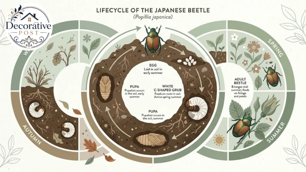 Japanese beetle lifecycle diagram showing egg, grub, pupa and adult stages
