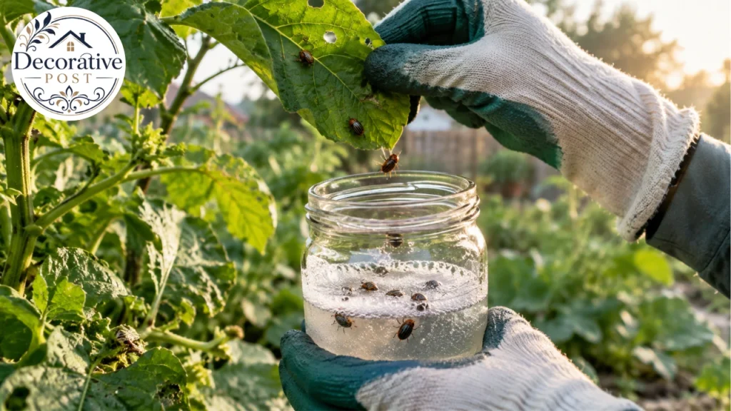 Hand-picking Japanese beetles into a jar of soapy water