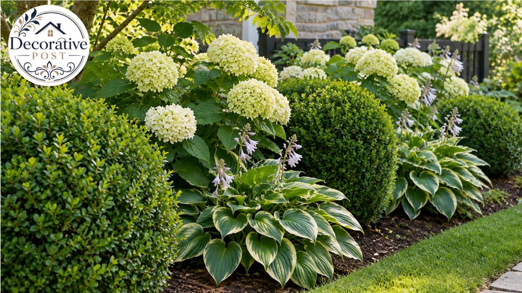  Garden border of boxwood, hydrangea and hosta that Japanese beetles avoid