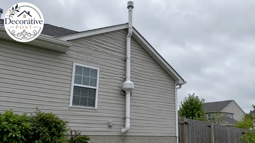 Exterior radon mitigation system pipe and fan running up the side of a house