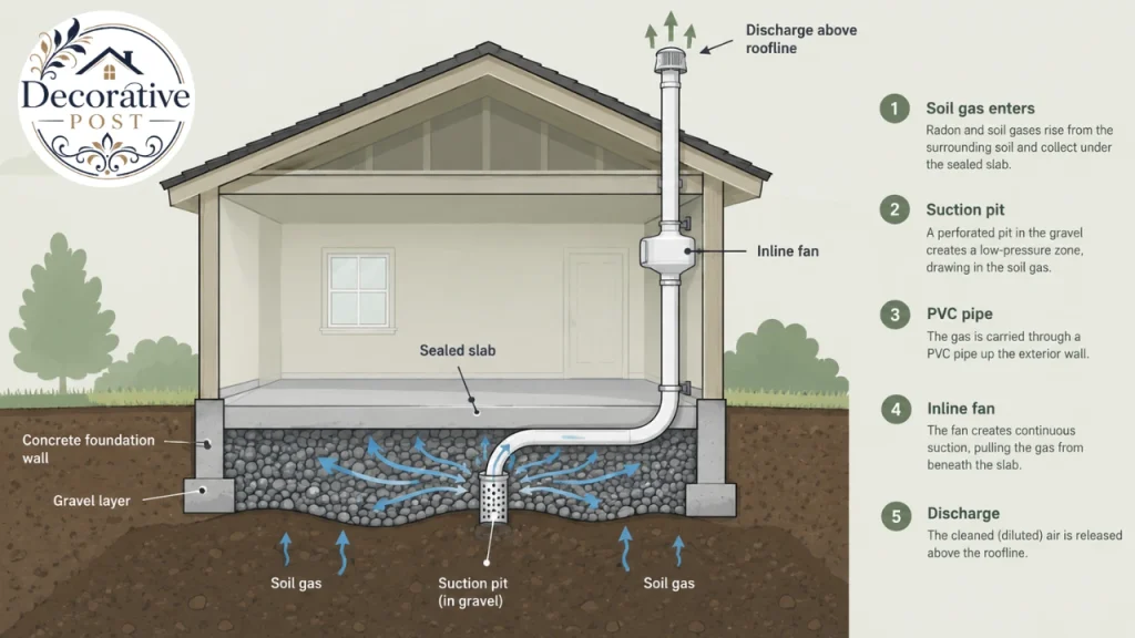 Cross-section diagram of sub-slab depressurization in a radon mitigation system