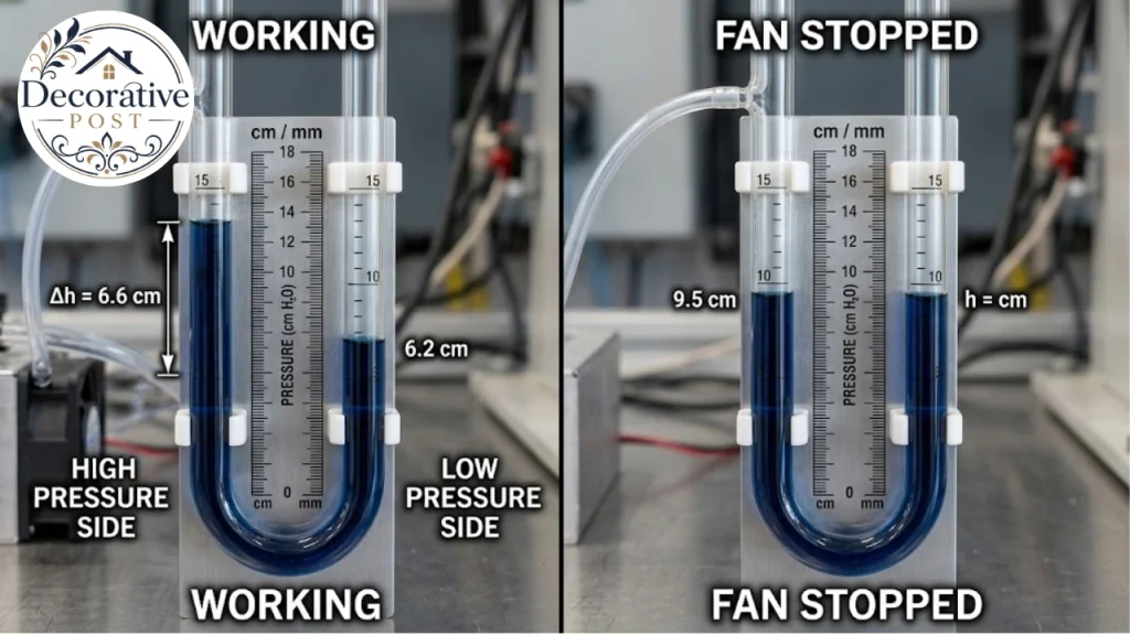  Manometer comparison showing a working radon fan versus a stopped fan
