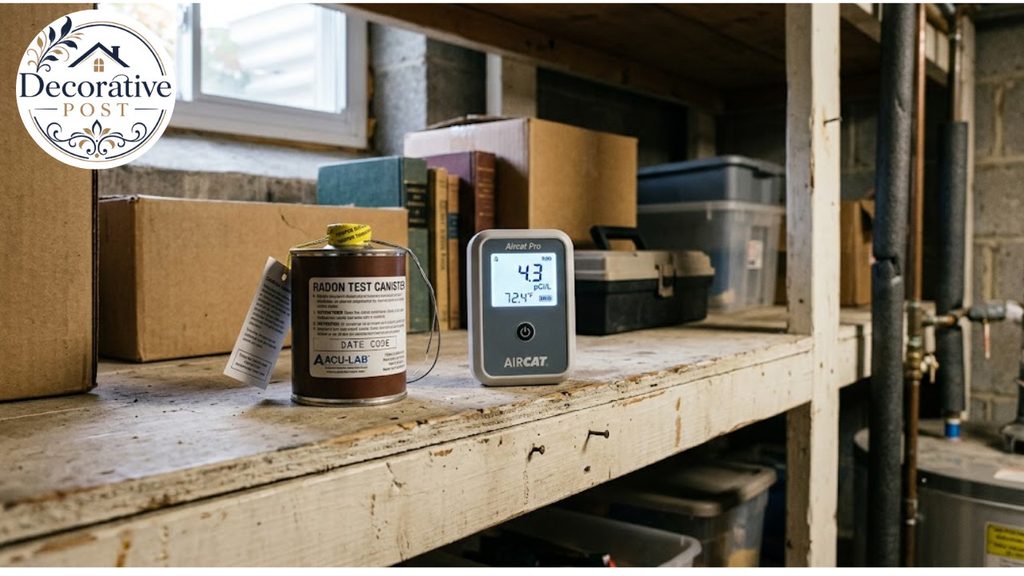 Charcoal radon test kit beside a digital continuous radon monitor